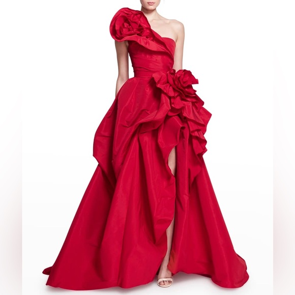 Marchesa Strapless Draped Rosette Rose Faille Ballgown Size M/ US 6 - Picture 2 of 13